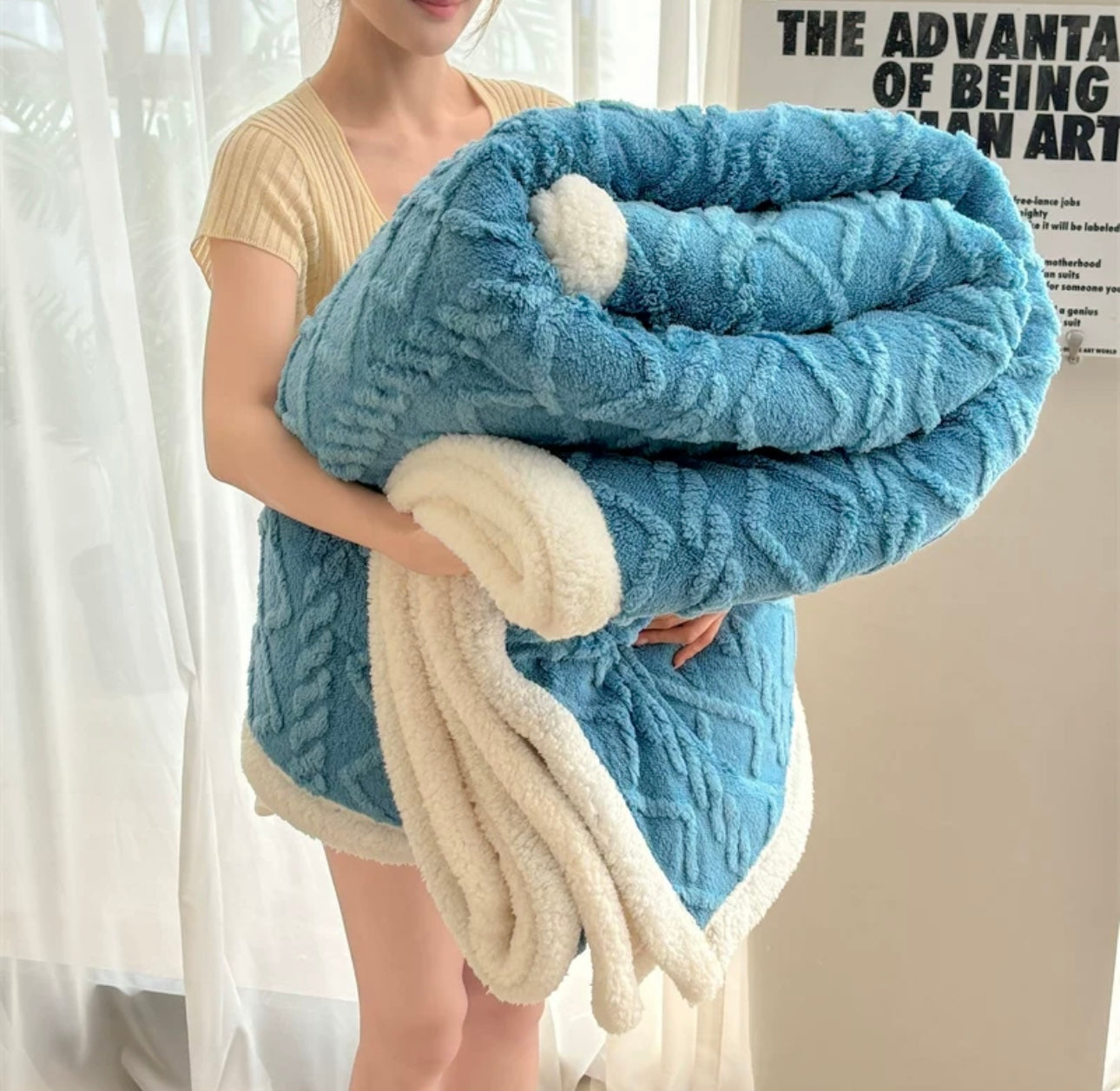 Patura Cocolino cu Blanita, Model Tricotat, Pat 2 Persoane, 200x230 cm, albastru închis cod: EXP11