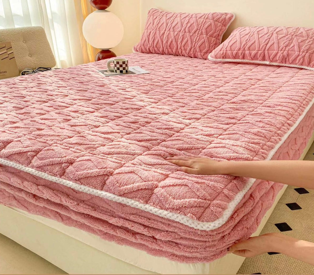 Husă / Topper saltea cu elastic, roz pudră, 160x200 cm, Cod: CTPP401