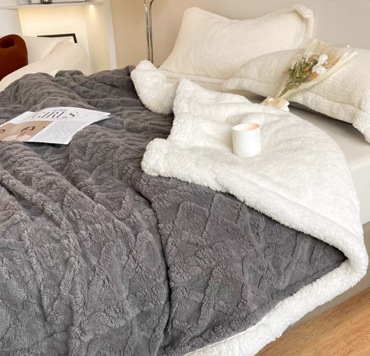 Patura Cocolino cu Blanita, Model Tricotat, Pat 2 Persoane, 200x230 cm, gri închis cod: EXP6