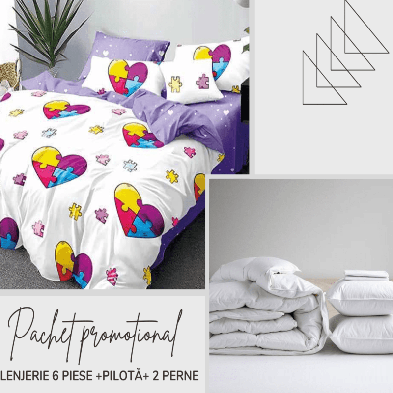 Set complet de pat: Lenjerie 6 piese + pilotă + 2 perne Cod: SCP10